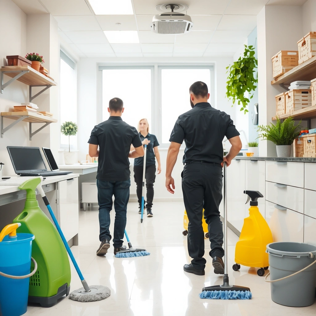 Professional cleaning team preparing equipment